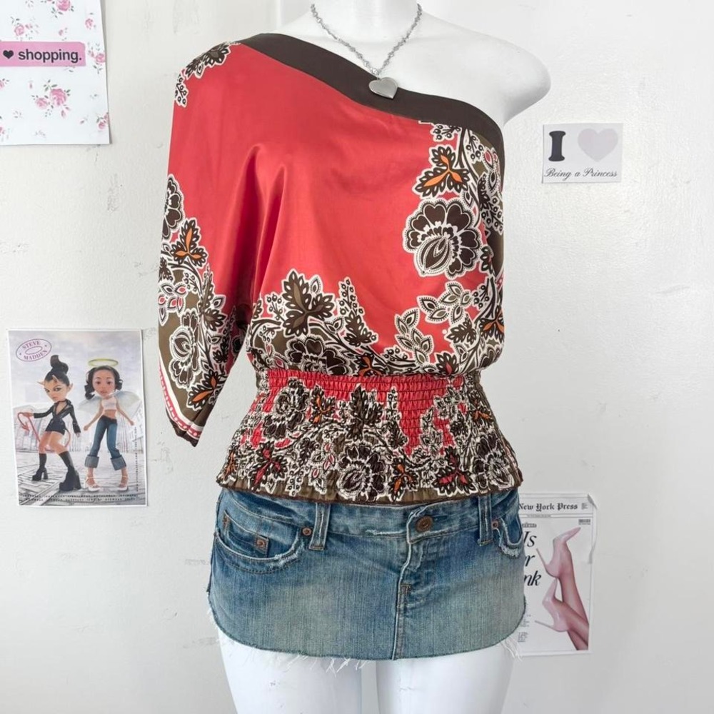 Y2K Red Brown Print One Shoulder Top Grass — Indie Sleaze / Vintage Boho Party‎